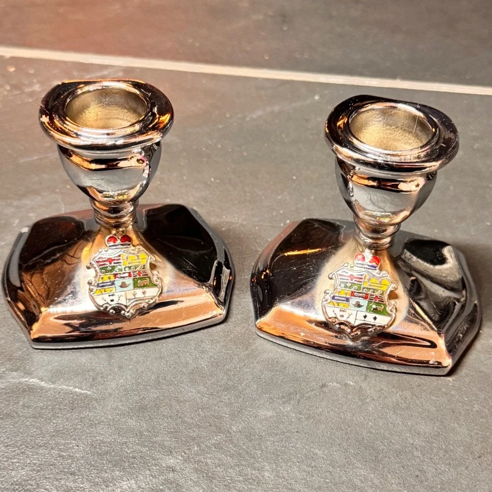 Vintage BP 2426 Silver Plated Crest Candlesticks Pair w/ Canadian Coat of‎ Arms